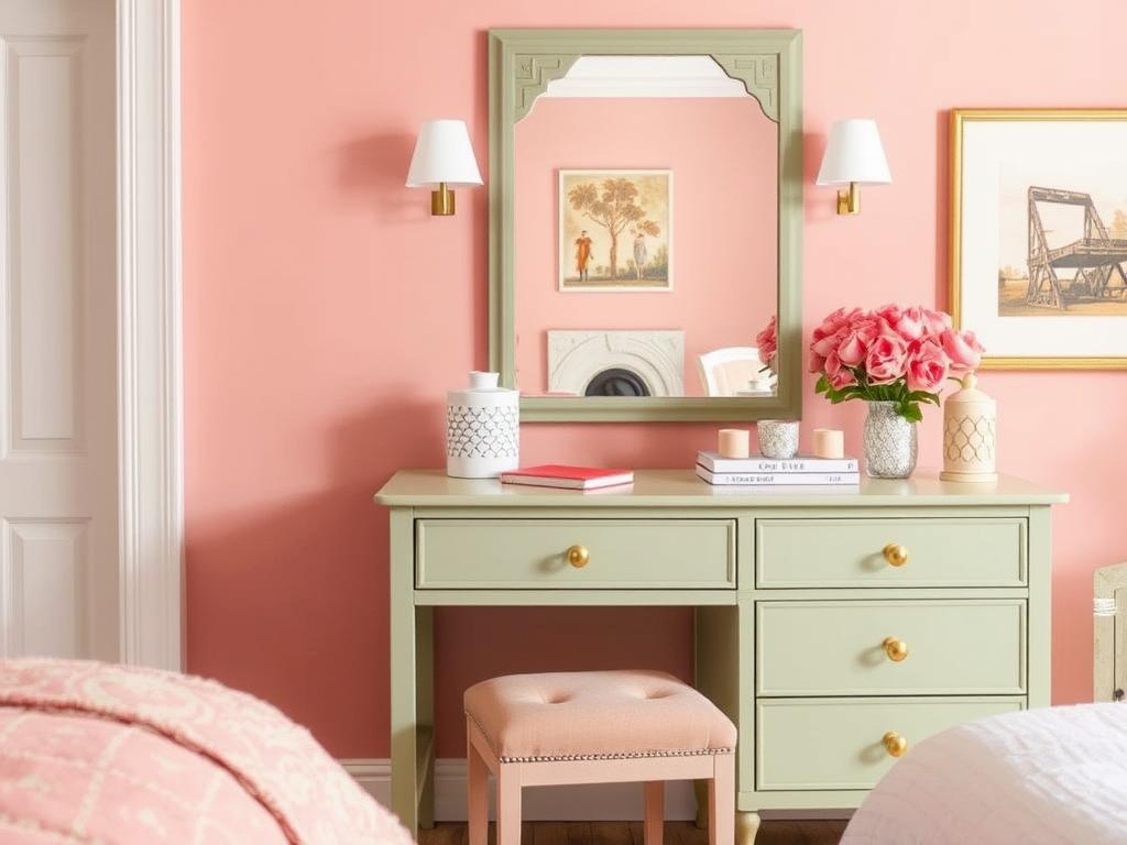Bedroom vanity area with coordinated color scheme and decorative elements Bedroom vanity area with coordinated color scheme and decorative elements