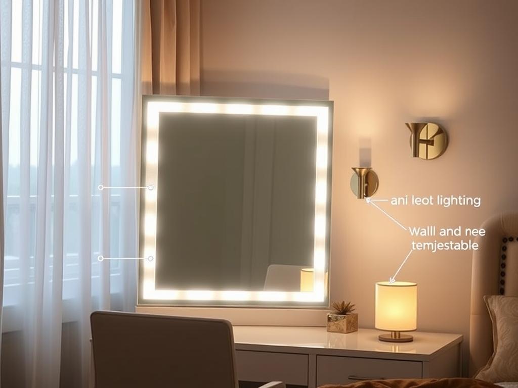 Bedroom vanity with ideal lighting setup including natural and artificial light Bedroom vanity with ideal lighting setup including natural and artificial light