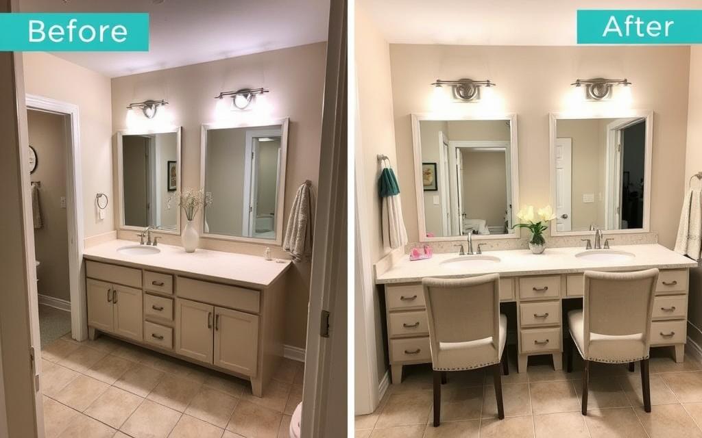 Before and after of a shared bedroom vanity space for couples Before and after of a shared bedroom vanity space for couples