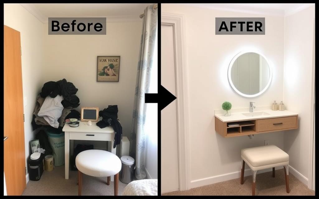 Before and after of a small apartment bedroom vanity transformation Before and after of a small apartment bedroom vanity transformation