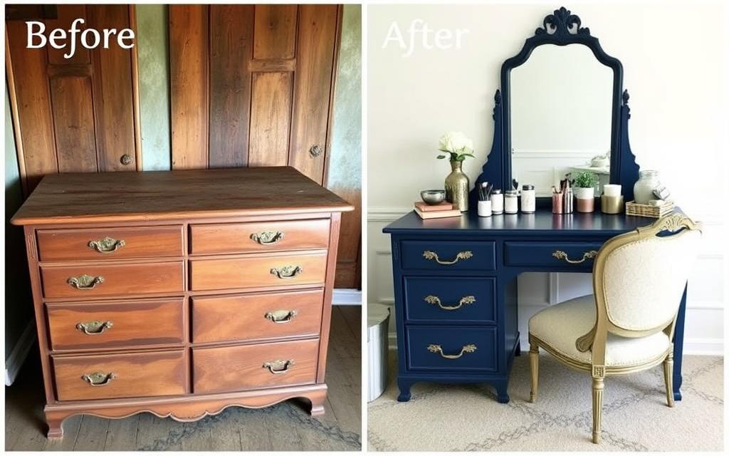 Before and after of a vintage dresser converted into a stylish bedroom vanity Before and after of a vintage dresser converted into a stylish bedroom vanity