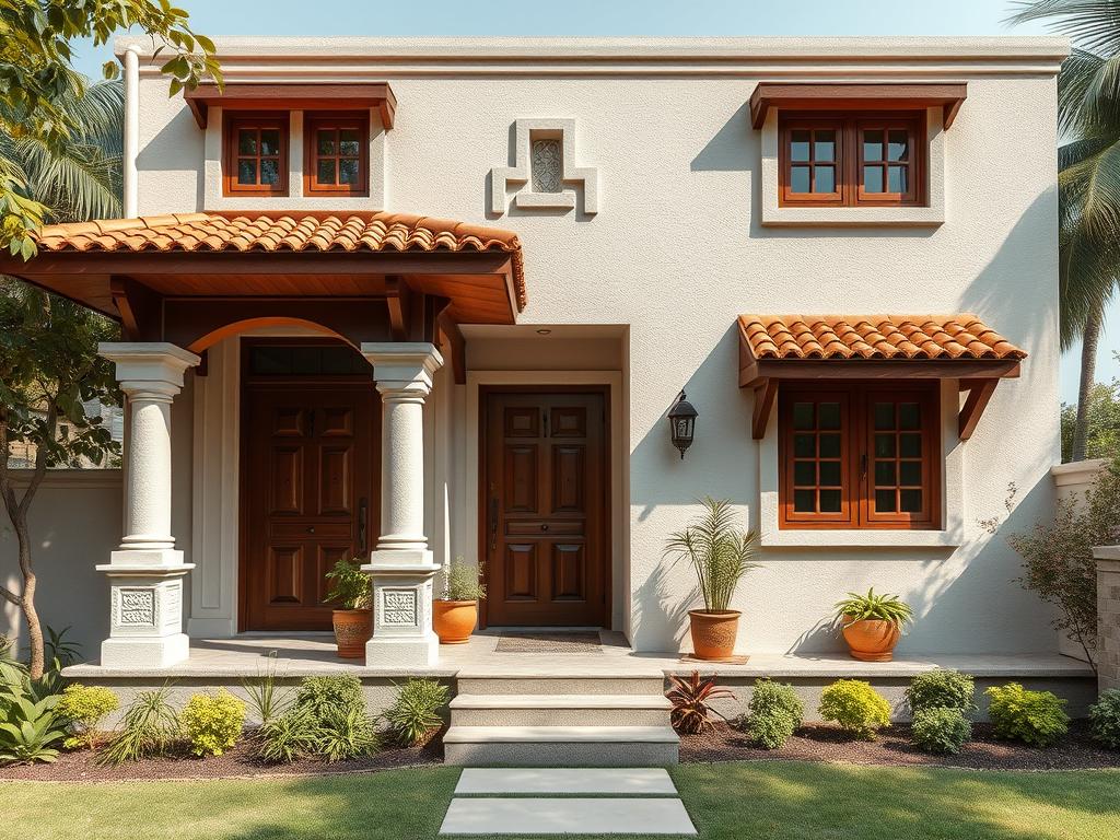 Budget-friendly Indian home exterior with selective use of traditional elements Budget-friendly Indian home exterior with selective use of traditional elements