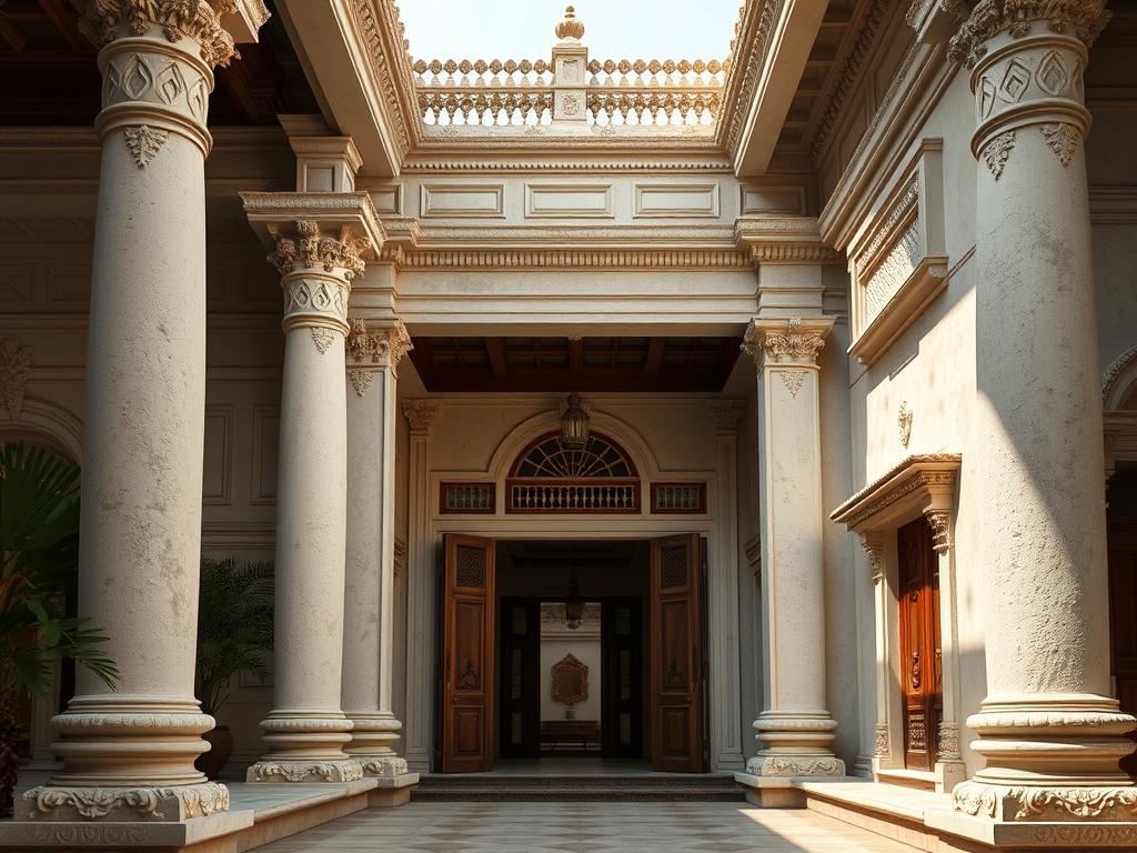 Chettinad-style home with ornate pillars and courtyard glimpse Chettinad-style home with ornate pillars and courtyard glimpse