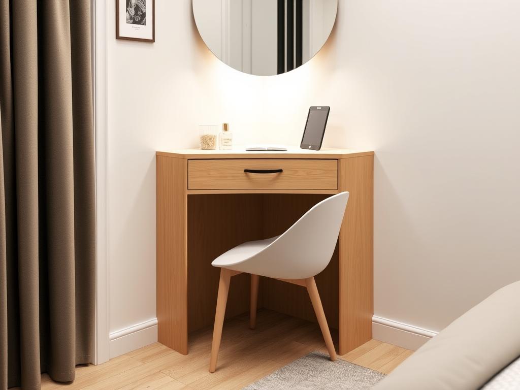 Corner bedroom vanity designed for small spaces with smart storage Corner bedroom vanity designed for small spaces with smart storage