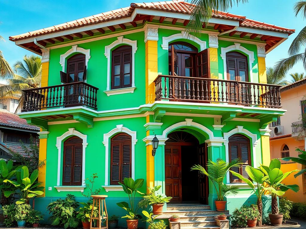 Goan Portuguese-style home with colorful facade and balcaos Goan Portuguese-style home with colorful facade and balcaos