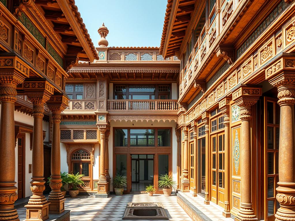 Gujarati haveli-inspired home with ornate wooden facades and modern elements Gujarati haveli-inspired home with ornate wooden facades and modern elements