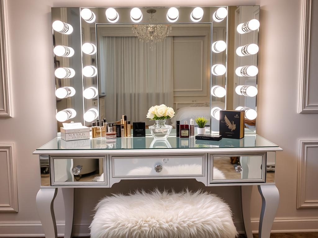 Hollywood-style bedroom vanity with lighted mirror and glamorous styling Hollywood-style bedroom vanity with lighted mirror and glamorous styling