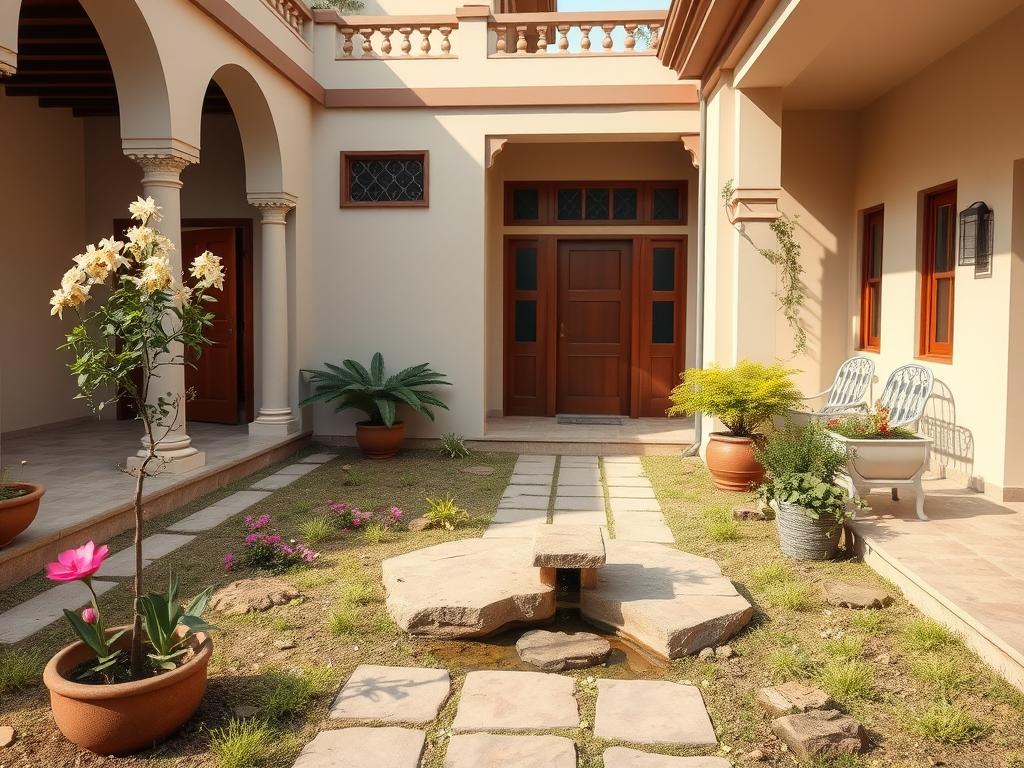 Indian home with culturally appropriate landscaping including courtyard and native plants Indian home with culturally appropriate landscaping including courtyard and native plants