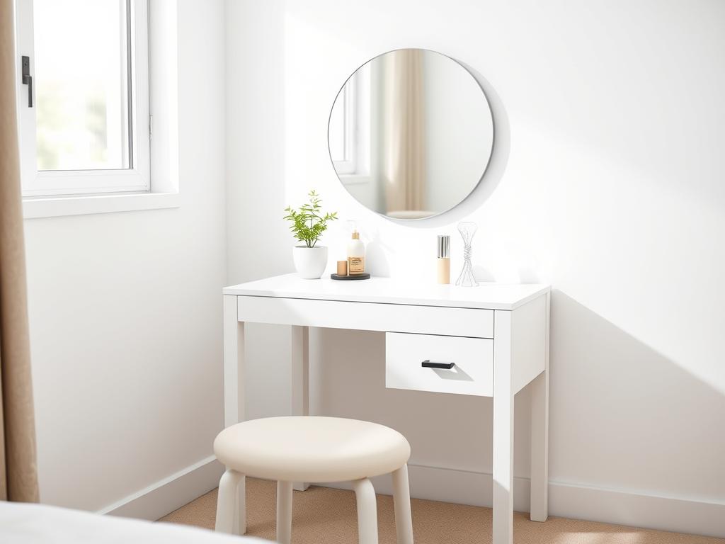 Minimalist white bedroom vanity with simple lines and minimal storage