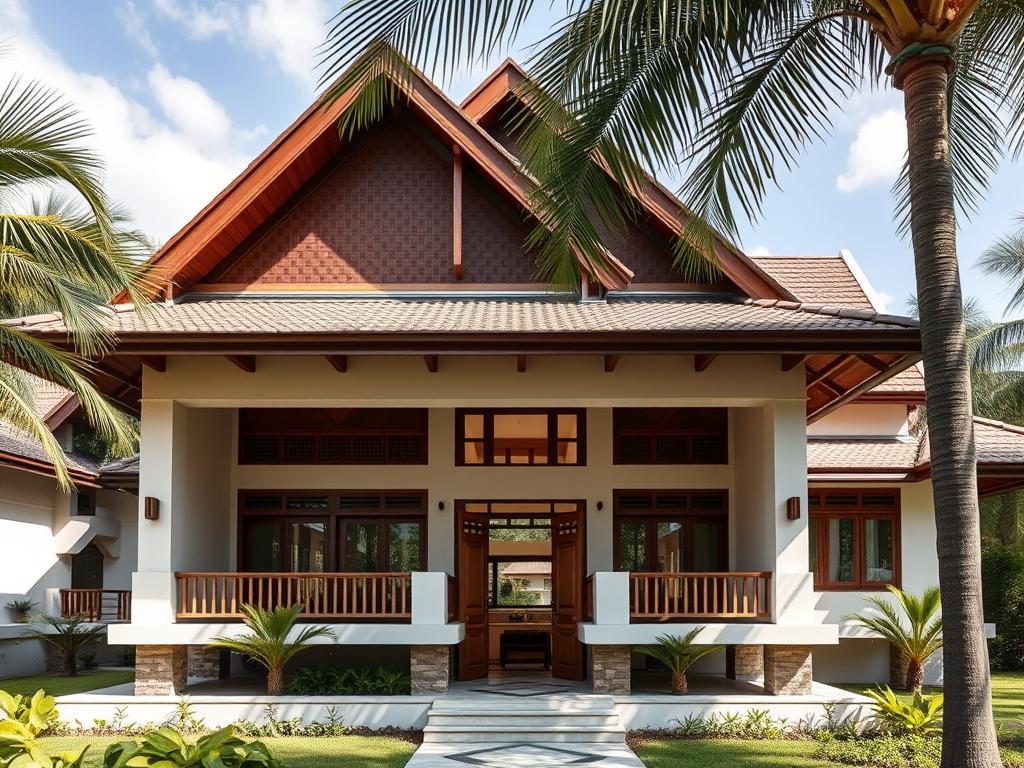 Modern Kerala-style home with sloping roof and wooden elements Modern Kerala-style home with sloping roof and wooden elements