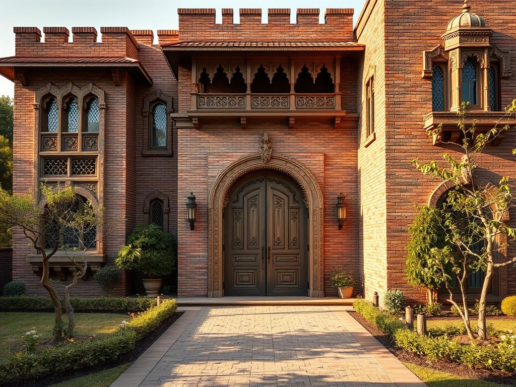 Modern Punjabi haveli-style home with brick elements and jharokhas Modern Punjabi haveli-style home with brick elements and jharokhas