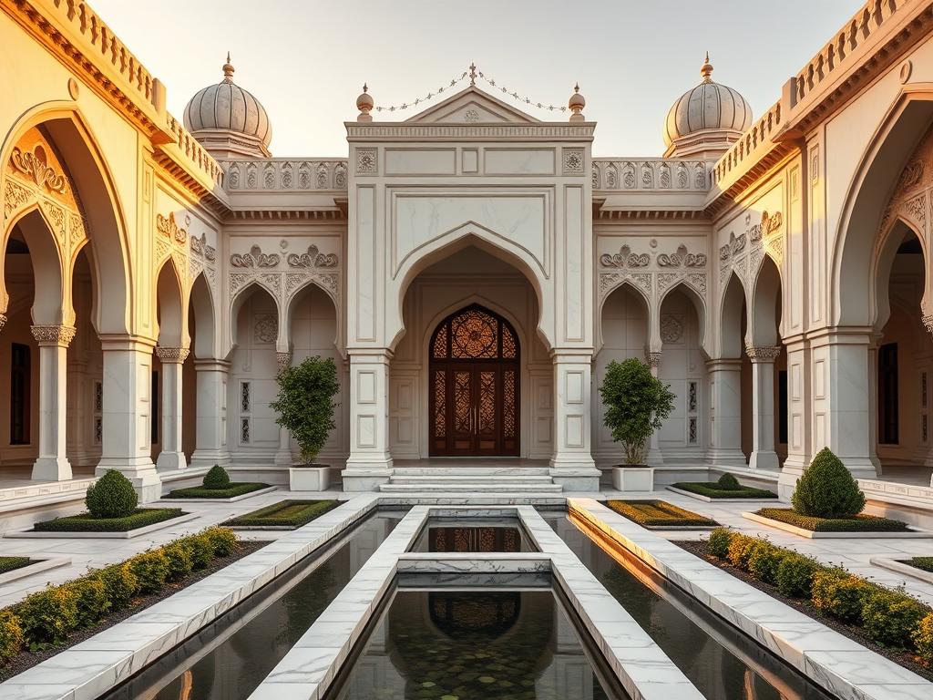 Mughal-inspired home exterior with arches and geometric patterns Mughal-inspired home exterior with arches and geometric patterns