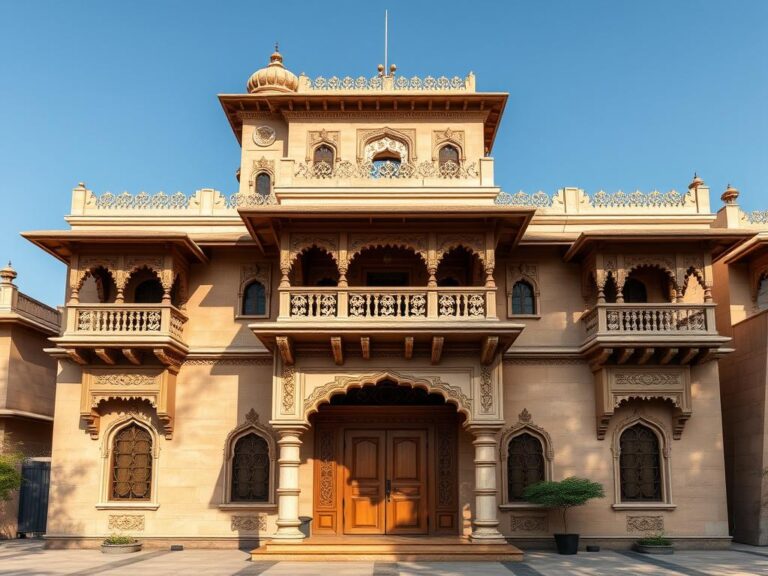 Rajasthani haveli-inspired home exterior with jharokhas and sandstone elements