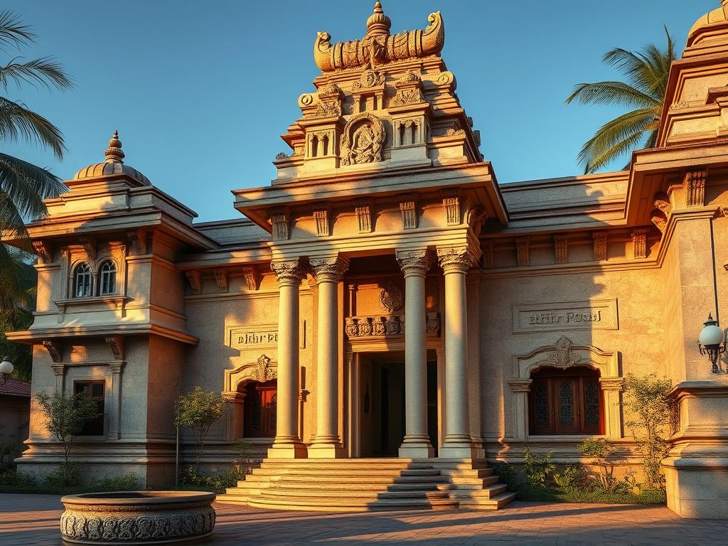 South Indian home with temple-inspired elements and columned entrance South Indian home with temple-inspired elements and columned entrance