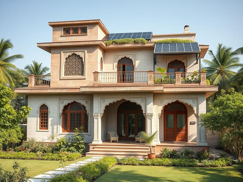 Sustainable Indian home with traditional cooling features and modern eco-elements Sustainable Indian home with traditional cooling features and modern eco-elements