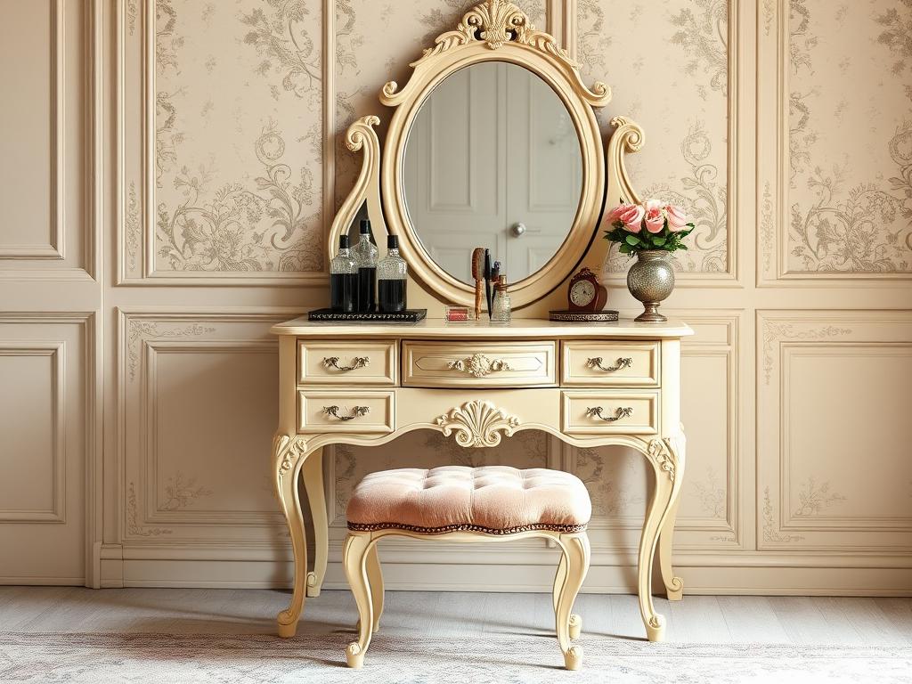 Vintage-inspired bedroom vanity with ornate details and antique mirror Vintage-inspired bedroom vanity with ornate details and antique mirror