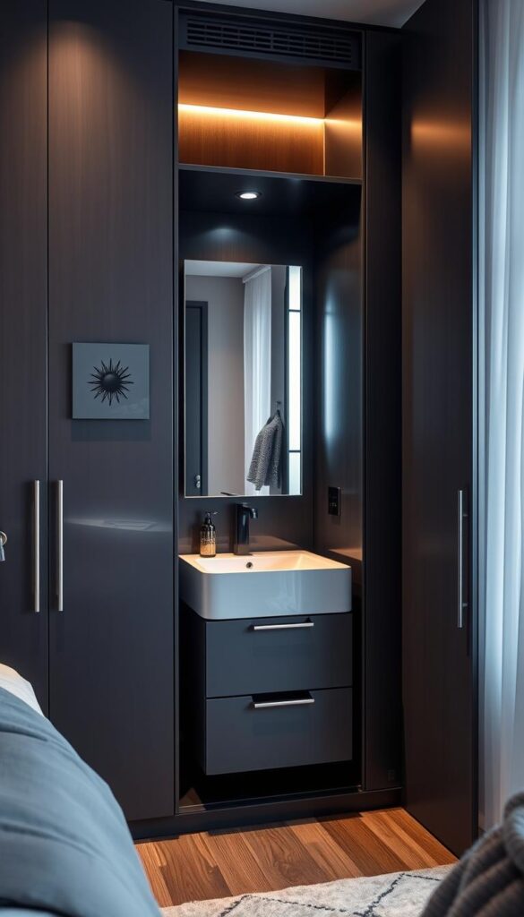 hidden vanity in bedroom