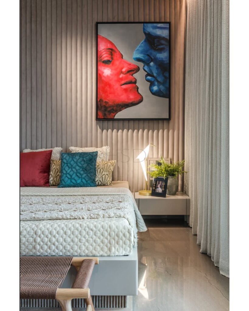 small bedroom with statement headboard