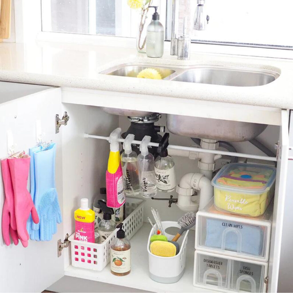 tension rod under sink organizer