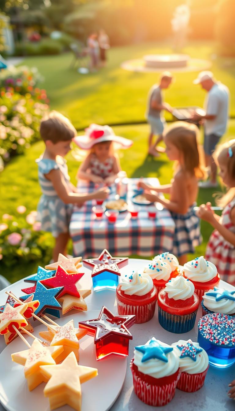 A bright, festive 4th of July scene showcasing creative, edible crafts for kids. In the foreground, a table displays an array of colorful, patriotic-themed treats - star-shaped fruit skewers, red, white, and blue jello cups, and cupcakes topped with whipped cream and sprinkled with edible glitter. In the middle ground, kids gather around the table, excitedly assembling their own edible crafts, their faces alight with joy. The background features a lush, green lawn dotted with blooming flowers, and in the distance, the silhouettes of parents grilling burgers and hot dogs over a flickering fire pit. Warm, natural lighting casts a golden glow over the entire scene, creating a cheerful, festive atmosphere.