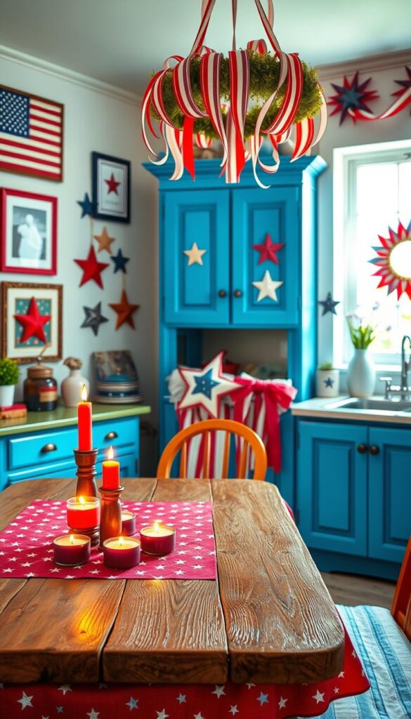 A bright, patriotic kitchen filled with vibrant red, white, and blue decor. In the foreground, a rustic wooden table is adorned with a festive star-spangled tablecloth, complemented by a cluster of tealight candles in matching colors. On the walls, framed American flag art and star-shaped wall hangings create a warm, celebratory ambiance. The middle ground features a vintage-inspired kitchen cabinet, its doors painted in a bold, distressed blue hue. Hanging above, a wreath of cascading ribbon in the national colors frames the scene. The background showcases a window, letting in natural light that casts a soft, inviting glow throughout the space. Crisp, high-contrast lighting and a slightly wide-angle lens capture the cheerful, patriotic spirit of this kitchen decor.