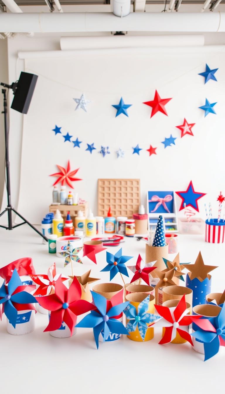 A brightly lit studio setting showcasing a collection of colorful and creative 4th of July-themed crafts made with toilet paper rolls. In the foreground, an array of finished projects - festive pinwheels, star-shaped garlands, and patriotic-themed desk organizers. The middle ground features various craft supplies such as paint, glue, and embellishments arranged neatly. The background has a clean, neutral backdrop, allowing the vibrant crafts to take center stage. The overall mood is cheerful, playful, and inspiring, capturing the spirit of DIY projects perfect for kids to make for the 4th of July holiday.