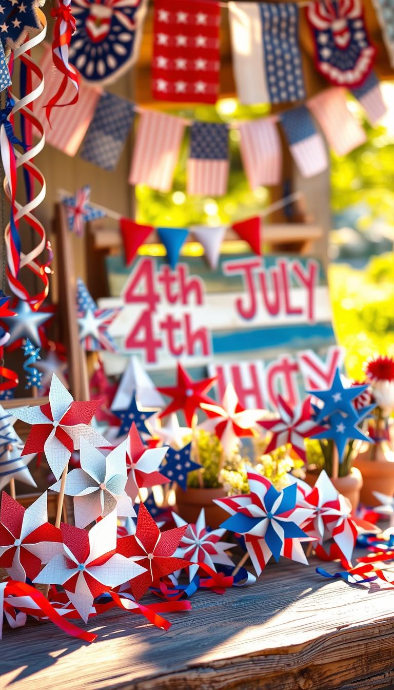 A colorful display of patriotic 4th of July crafts and decorations arranged on a rustic wooden table. In the foreground, handmade paper pinwheels, star-shaped garlands, and red, white, and blue streamers catch the warm afternoon sunlight. In the middle ground, a backdrop of vibrant fabric bunting and hand-painted wooden signage featuring patriotic imagery. The background subtly blurs into a cozy, sun-dappled outdoor setting, hinting at the festive mood of an Independence Day celebration. The overall composition evokes a sense of whimsical, homespun charm - a heartwarming display of creativity and national pride.