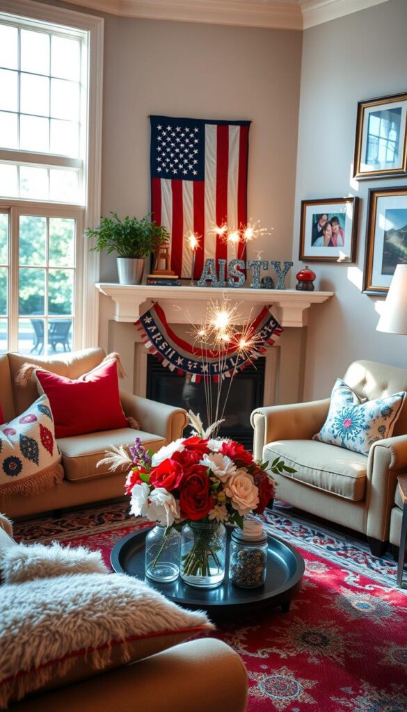 A cozy 4th of July-themed living room, bathed in warm sunlight filtering through large windows. The room is adorned with festive red, white, and blue decor - plush throw pillows, patterned rugs, and a centerpiece of a bouquet of fresh flowers in patriotic colors. On the mantel, a classic American flag is displayed, flanked by small glass jars filled with sparklers and other celebratory trinkets. Framed photos and artwork in patriotic hues adorn the walls, creating a sense of national pride. The room has a relaxed, inviting atmosphere, perfect for hosting a lively 4th of July gathering.