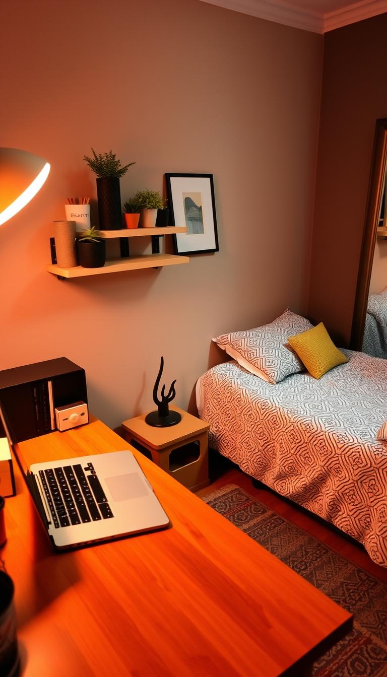 A cozy and budget-friendly dorm room with practical decor choices. Warm ambient lighting illuminates a mid-century inspired desk setup with a simple laptop, organizer, and textured rug in the foreground. In the middle ground, a minimalist wall shelf displays a few potted plants, framed art, and a small succulent. The background features a neatly made twin bed with a patterned duvet and throw pillow, complemented by a large, framed mirror on the adjacent wall. The overall atmosphere conveys a sense of relaxed functionality and personal style.