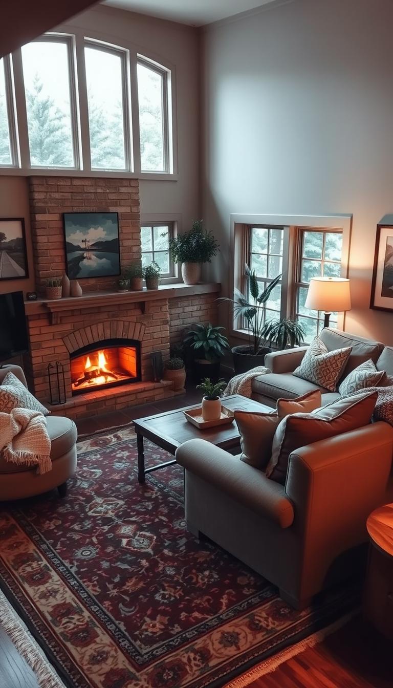 A cozy and inviting living room with a plush sectional sofa, overstuffed armchair, and a rustic wooden coffee table. The arrangement is centered around a warm fireplace, casting a soft glow across the space. Soft ambient lighting from a pair of table lamps illuminates the scene, creating a cozy atmosphere. Large windows allow natural light to stream in, complementing the earthy tones of the furniture and decor. Accent pillows, a thick knit throw, and a Persian-inspired area rug add textural elements, while potted plants and framed artwork on the walls lend a touch of life and personality to the space.