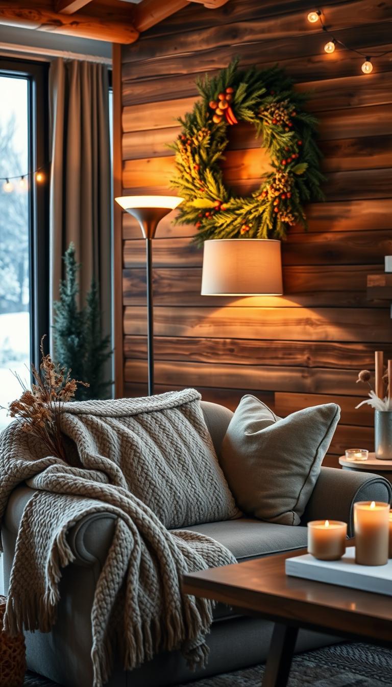 A cozy and inviting living room with seasonal decor. In the foreground, a plush, oversized armchair draped with a chunky knit blanket and a decorative pillow in autumnal hues. On the coffee table, a vase of dried flowers and a few flickering candles. The middle ground features a rustic wood-paneled wall, adorned with a large wreath made of evergreen branches and seasonal berries. Soft, warm lighting from a floor lamp and string lights creates a welcoming ambiance. In the background, a large window overlooks a snowy landscape, letting in natural light and framing the serene, winter scene beyond. The overall mood is one of coziness, comfort, and effortless seasonal charm.