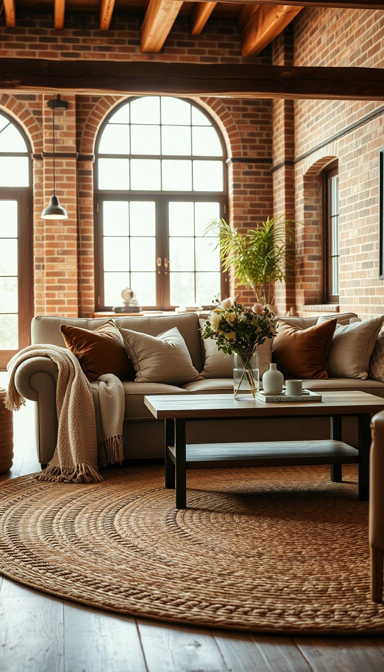 A cozy and inviting living room with warm, textural elements. The foreground features a plush, tufted sofa with a soft throw blanket and an assortment of decorative pillows in earthy, neutral tones. In the middle ground, a woven area rug grounds the space, complemented by a low, wooden coffee table adorned with a vase of fresh flowers and small decorative objects. The background showcases exposed brick walls, wooden beams, and a large window allowing natural light to flood the room, creating a serene and intimate ambiance. The overall scene conveys a sense of comfort, relaxation, and refined rustic elegance.
