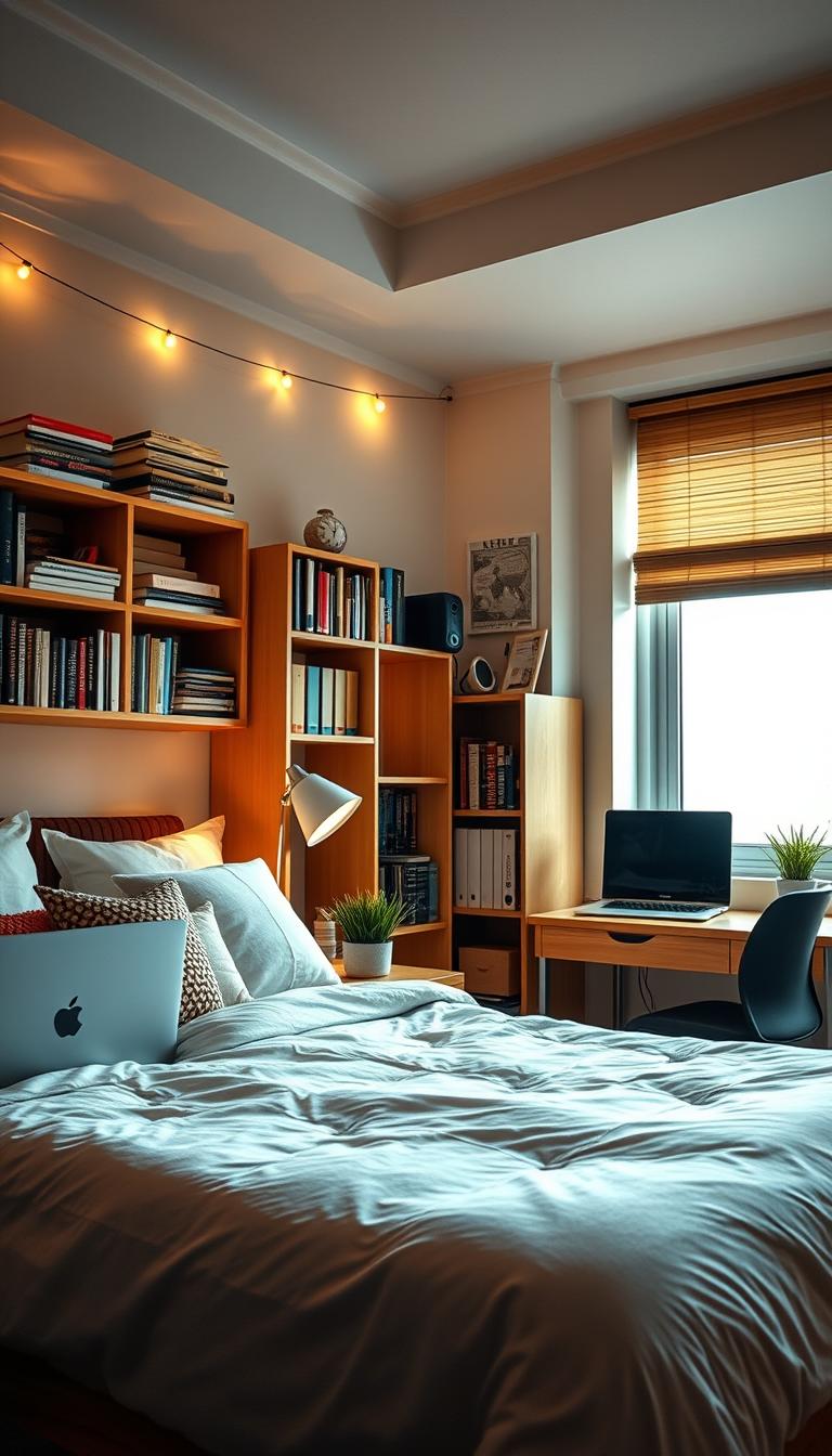 A cozy college dorm room with a warm, inviting atmosphere. In the foreground, a neatly made bed with plush bedding and decorative pillows takes center stage. On the adjacent desk, a modern laptop and a small potted plant add a touch of life. The middle ground features bookshelves filled with textbooks and personal trinkets, creating a sense of intellectual pursuit. Hanging on the walls, string lights and wall art add a touch of personalization. The background showcases a large window that floods the space with natural light, providing a connection to the outside world. The overall scene exudes a balance of productivity and comfort, capturing the essence of an optimized college dorm setup.