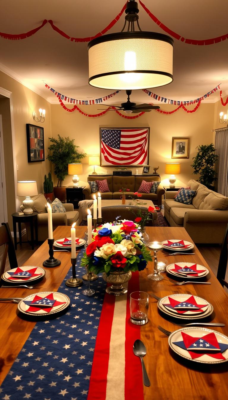 A cozy indoor 4th of July party setup with a warm, festive atmosphere. In the foreground, a large wooden table is adorned with a patriotic table runner, festive plates, and sparkling silverware. Decorative candles and vibrant floral arrangements add pops of color. In the middle ground, the walls are adorned with framed American flag artwork and red, white, and blue streamers, casting a soft, ambient glow. The background features a plush living room area with comfortable sofas and armchairs, creating an inviting space for guests to gather and celebrate. Soft, flattering lighting from wall sconces and a large pendant fixture illuminate the scene, capturing the holiday spirit and setting the tone for an intimate, memorable celebration.