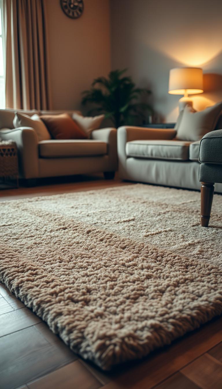 A cozy, inviting living room setting with a plush, high-quality area rug as the focal point. The rug is a warm, earthy tone with a subtle, intricate pattern that adds depth and visual interest. It is strategically placed on a hardwood floor, anchoring the space and creating a sense of grounded comfort. The lighting is soft and diffused, creating a warm, intimate atmosphere. The camera angle is slightly elevated, allowing the viewer to appreciate the rug's scale and how it harmonizes with the surrounding furnishings. The overall mood is one of relaxation and tranquility, inviting the viewer to sink into the cozy space.