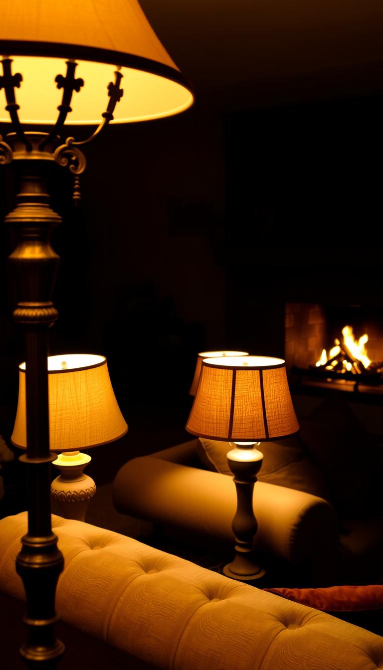 A cozy living room bathed in a warm, inviting glow. The main light source is a large, ornate floor lamp in the foreground, casting a soft, amber hue across the space. In the middle ground, a pair of table lamps with linen shades flank a plush, tufted sofa, illuminating the rich textures of the room's furnishings. The background features a crackling fireplace, its gentle flames flickering and casting dancing shadows on the walls. The overall atmosphere is one of comfort and relaxation, perfect for an evening of reading or conversation.