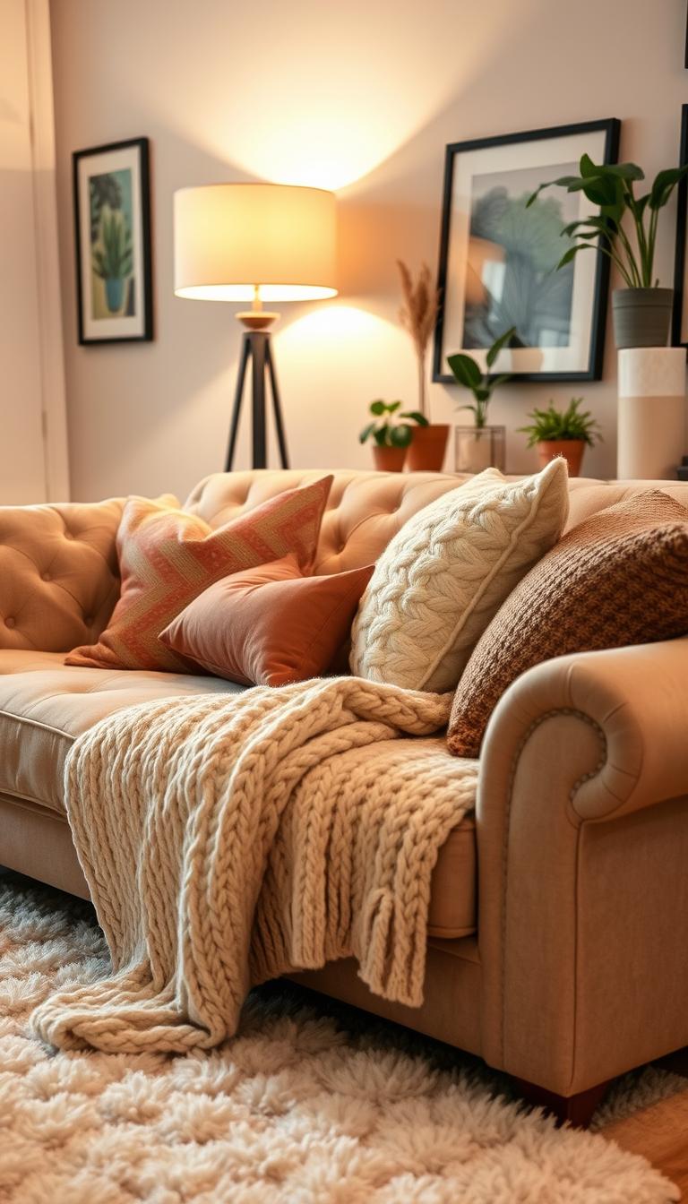 A cozy living room with a plush, tufted sofa draped in a soft, chunky knit throw blanket. Oversized pillows in complementary textures and hues are artfully arranged, inviting you to sink in and relax. Warm lighting from a floor lamp casts a gentle glow, accentuating the room's comforting ambiance. Framed artwork and potted plants add subtle pops of color, while a fluffy area rug underfoot completes the welcoming, hygge-inspired scene. The overall atmosphere is one of effortless, lived-in elegance - a serene haven perfect for curling up with a good book or enjoying quality time with loved ones.