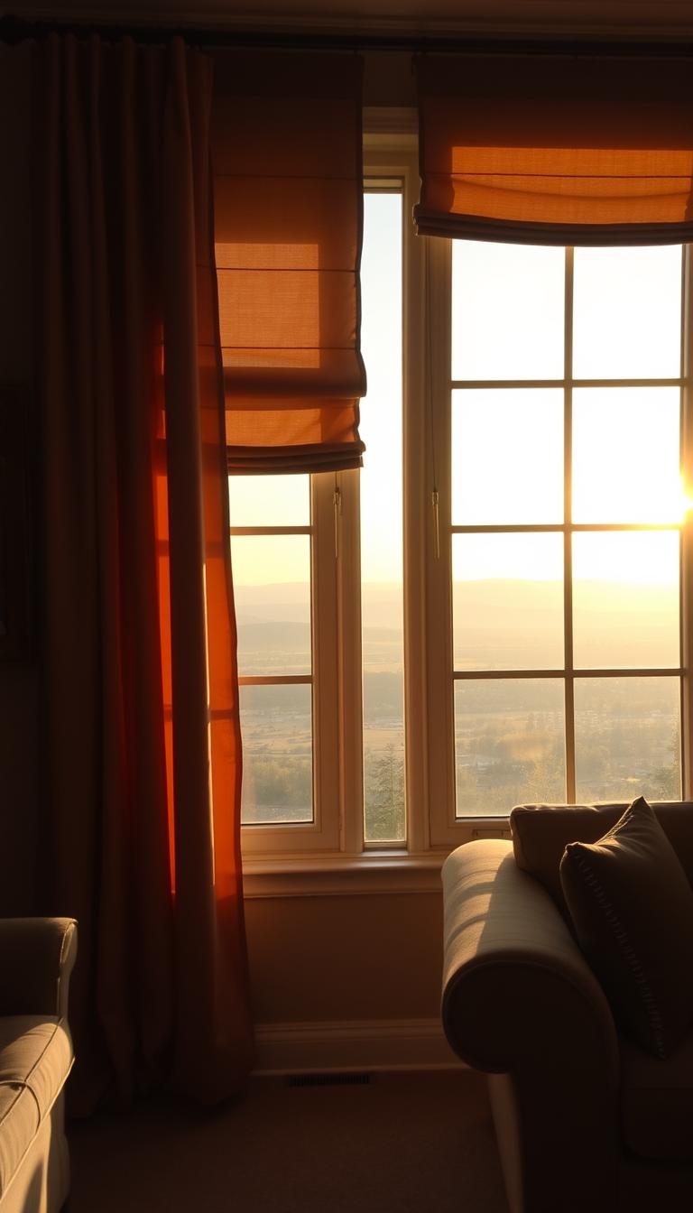 A cozy living room with warm, inviting window treatments. In the foreground, luxurious floor-length curtains in a rich, earthy tone, their fabric gently flowing as if caught in a gentle breeze. The middle ground features a pair of elegant Roman shades, their soft folds casting gentle shadows across the room. In the background, a panoramic view of a picturesque landscape framed by the window, bathed in the soft, golden light of a setting sun. The overall scene conveys a sense of comfort, tranquility, and a touch of natural elegance.