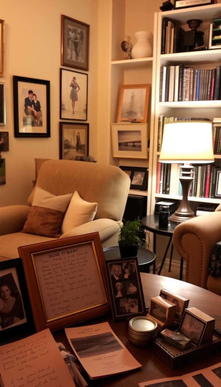 A cozy living room with warm lighting and a mix of personal items and meaningful displays. In the foreground, framed photos, handwritten notes, and small keepsakes create an intimate, lived-in feel. The middle ground features a plush armchair, a side table with a small potted plant, and a vintage-inspired lamp that casts a soft, ambient glow. In the background, a bookshelf showcases an assortment of books, trinkets, and a few small decorative pieces that reflect the homeowner's personality and interests. The overall scene conveys a sense of comfort, individuality, and a welcoming atmosphere.
