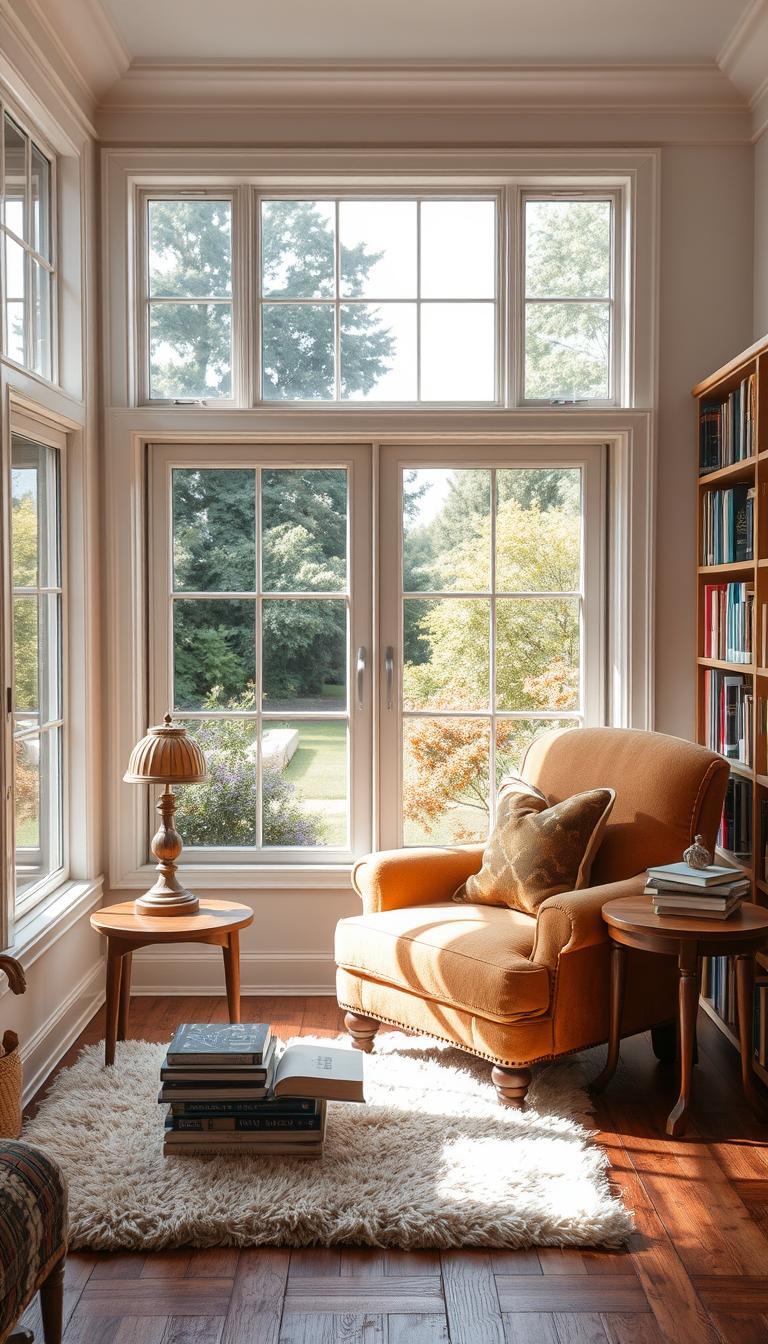 A cozy reading nook nestled in a sun-drenched corner of a charming living room. Plush, inviting armchair upholstered in a warm, earthy hue sits atop a soft, plush rug. Nearby, a sturdy wooden side table holds a stack of well-worn books and a vintage table lamp casts a gentle, ambient glow. Bookshelves line the walls, filled with a diverse collection of titles, hinting at the owner's eclectic literary tastes. Large windows flood the space with natural light, offering a serene view of a lush, verdant garden outside. The overall atmosphere exudes a sense of tranquility and comfort, creating the perfect setting for losing oneself in the pages of a favorite book.