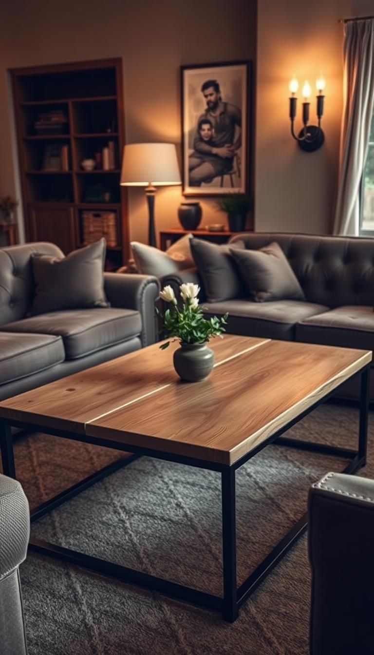 A cozy, rustic coffee table sits in the center of a warm, inviting living room. The table has a solid wood top with a natural grain, complemented by a metal or wrought-iron frame that adds an industrial touch. Soft, ambient lighting from floor lamps and sconces creates a cozy, intimate atmosphere, accentuating the textured surfaces and natural elements. The table is surrounded by plush, comfortable seating, such as a deep, tufted sofa and armchairs, inviting visitors to relax and unwind. Hints of greenery, such as a potted plant or fresh flowers, add a touch of life and freshness to the scene. The overall composition conveys a sense of relaxation, comfort, and a harmonious blend of natural and industrial design elements.