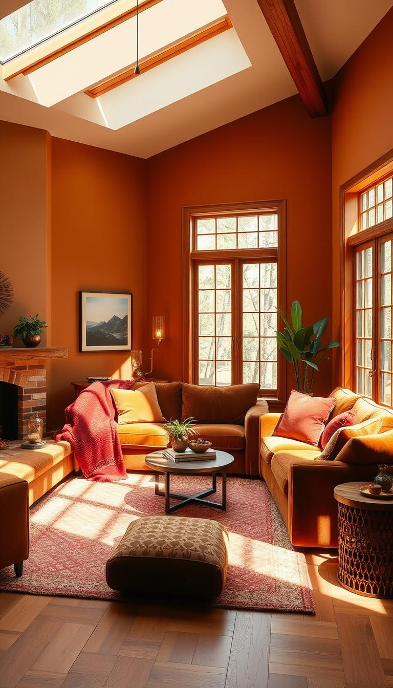 A cozy, warm-toned living room color palette with inviting textures. Soft, muted shades of ochre, terracotta, and sienna on the walls, accented by rich wood tones in the furniture and floor. Plush, velvety textiles in amber and burgundy hues adorn the seating, creating a sense of comfort and relaxation. Shafts of natural light stream in through large windows, casting a golden glow and highlighting the earthy, organic tones. Subtle pops of greenery add a touch of freshness, while a central, oversized area rug in a geometric pattern grounds the space. An overall harmonious, soothing aesthetic that evokes a sense of coziness and welcoming.