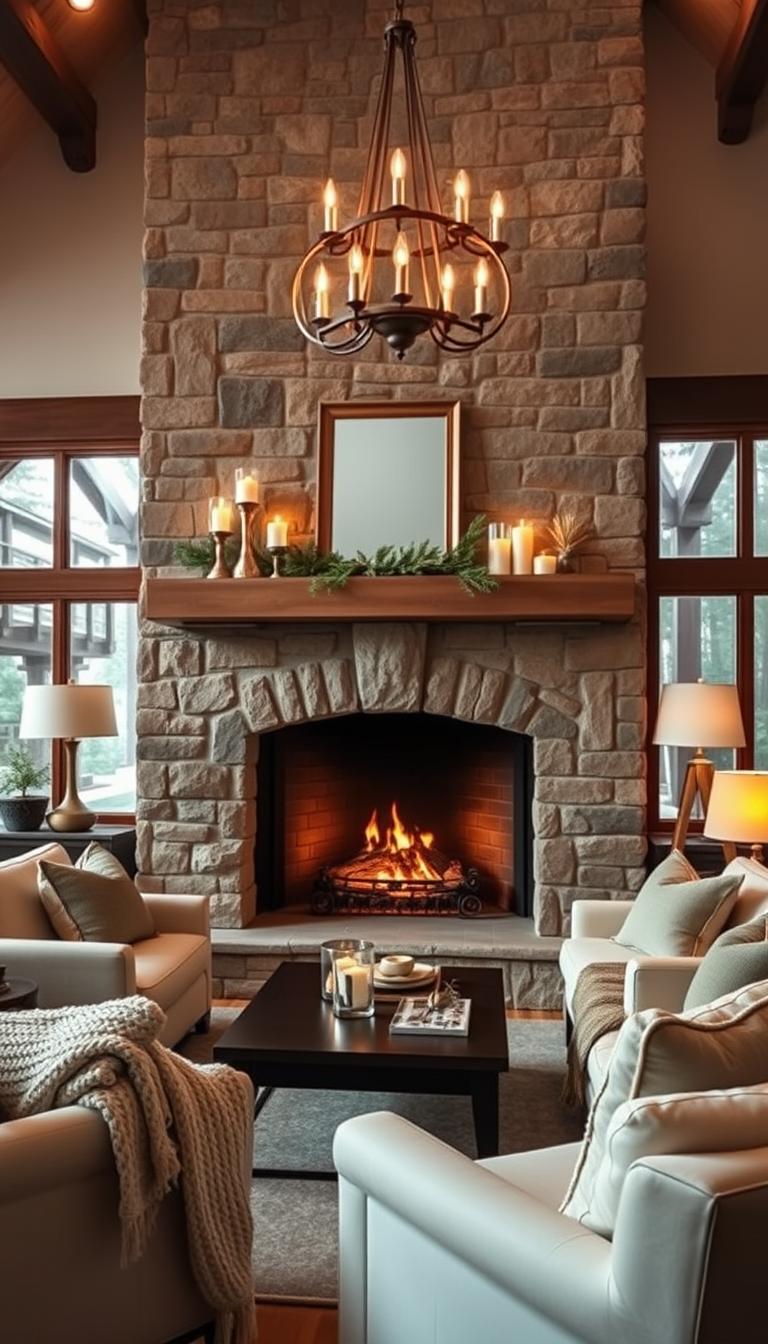 A cozy, well-appointed living room with a magnificent stone fireplace as the centerpiece. The fireplace mantel is adorned with a tasteful arrangement of candles, evergreen sprigs, and a simple mirror or artwork, creating a warm and inviting ambiance. Plush, neutral-toned furniture surrounds the fireplace, inviting guests to sink in and enjoy the flickering flames. Warm, soft lighting from table lamps and a delicate chandelier casts a golden glow, while large windows allow natural light to pour in, highlighting the room's elegant yet comfortable atmosphere. The overall scene exudes a sense of hygge, with textures like knit throws and velvet pillows adding to the cozy, welcoming feel.