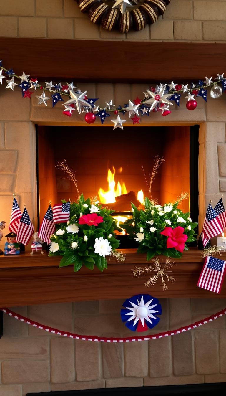 A cozy, well-lit mantel adorned with festive 4th of July decorations. In the foreground, a rustic wooden mantel displays an array of patriotic ornaments, including star-spangled garlands, miniature American flags, and sparkling firework-themed figurines. The middle ground features a pair of lush, flowering plants in red, white, and blue hues, framing the mantel. The background showcases a warm, inviting fireplace with a crackling fire, casting a soft, golden glow throughout the scene. The overall atmosphere evokes a sense of comfort, celebration, and national pride, perfect for an Independence Day gathering.