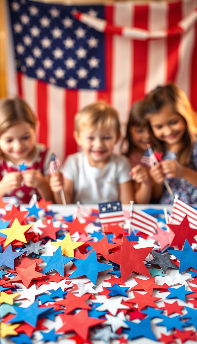 A festive display of colorful 4th of July paper crafts for children. In the foreground, an array of vibrant stars, flags, and patriotic shapes cut from vibrant red, white, and blue construction paper. In the middle ground, a group of smiling kids carefully assembling the crafts, their faces alight with creativity and enthusiasm. The background features a soft, hazy American flag backdrop, lit by warm, natural lighting that casts a cheerful glow over the scene. The overall mood is one of joyful, patriotic celebration, inspiring young imaginations to bring the spirit of Independence Day to life through simple, hands-on paper projects.
