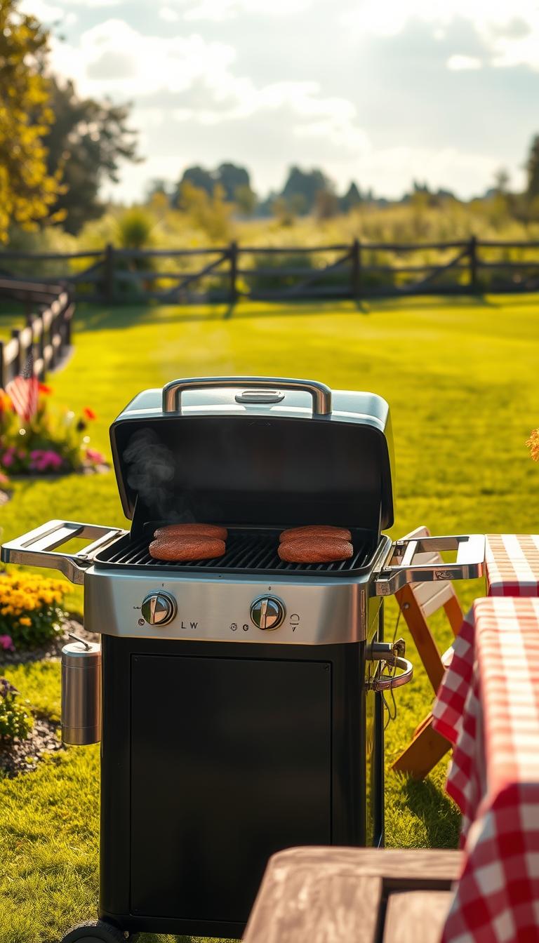 A gleaming, charcoal-fired BBQ grill standing prominently in a sunlit outdoor setting. The grill's chrome accents and deep black cast-iron body are illuminated by warm, golden afternoon light filtering through wispy clouds. Sizzling burgers and juicy hot dogs rest on the grill grates, their aroma wafting through the air. In the background, a lush green lawn stretches out, framed by vibrant flower beds and a wooden fence. A picnic table, adorned with a crisp checkered tablecloth, stands nearby, ready to host an Independence Day feast. The overall scene exudes a sense of backyard celebration and summer festivities.
