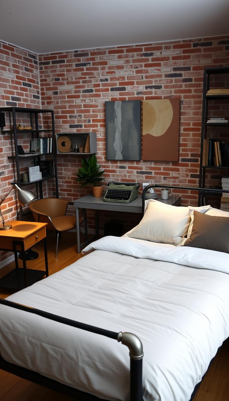 A mid-century modern dorm room with industrial-inspired decor. In the foreground, a sleek metal-frame bed topped with a minimalist quilt and plush pillows. Beside it, a streamlined wooden nightstand with a brushed metal lamp casting a warm glow. In the middle ground, a distressed metal desk with a vintage typewriter, a potted plant, and a pair of aged-leather armchairs. The background features exposed brick walls, metallic shelving units, and statement wall art in muted earth tones. The overall atmosphere is one of understated sophistication and effortless style.