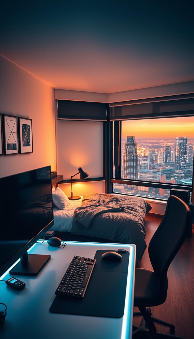 A modern dorm room, bathed in warm, soft lighting. In the foreground, a sleek, tech-integrated desk setup with a floating, edge-lit monitor, a stylish wireless keyboard and mouse, and an array of neatly organized gadgets and accessories. The middle ground features a minimalist, monochrome bed frame with a plush, textured comforter, accented by geometric wall art and a futuristic desk lamp. In the background, a large window offers a panoramic view of a bustling city skyline, complemented by a discreet, voice-controlled smart speaker system and a subtle, ambient lighting strip that illuminates the room's perimeter. The overall atmosphere exudes a sense of productivity, comfort, and personalized style.