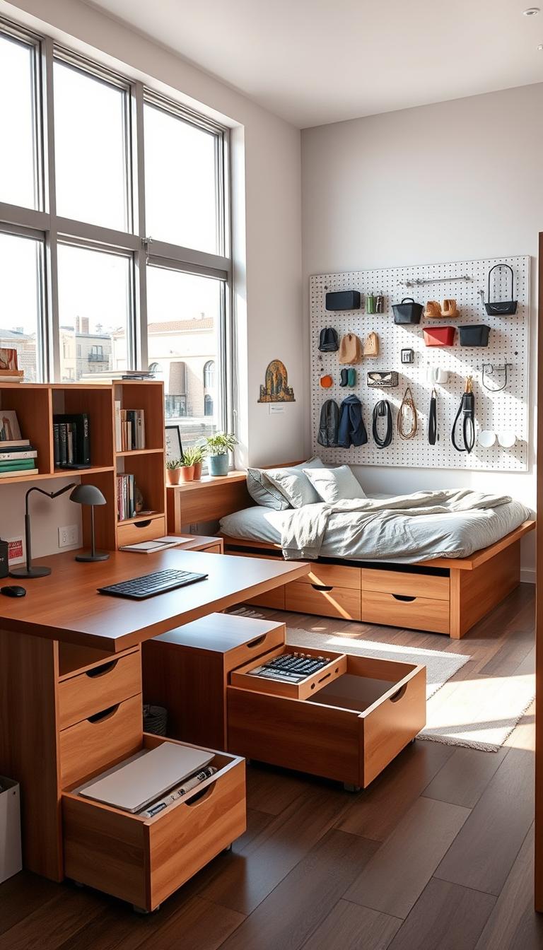 A modern, minimalist dorm room showcasing clever storage solutions. In the foreground, a neatly organized study area with a floating desk, shelves, and task lighting. In the middle ground, a futon bed with built-in drawers and a multi-purpose side table. The background features a wall-mounted pegboard system with hooks, bins, and organizers maximizing vertical space. Natural light floods the room through large windows, creating a bright, airy atmosphere. The scene conveys a sense of efficiency and thoughtful space optimization, ideal for the modern college student.