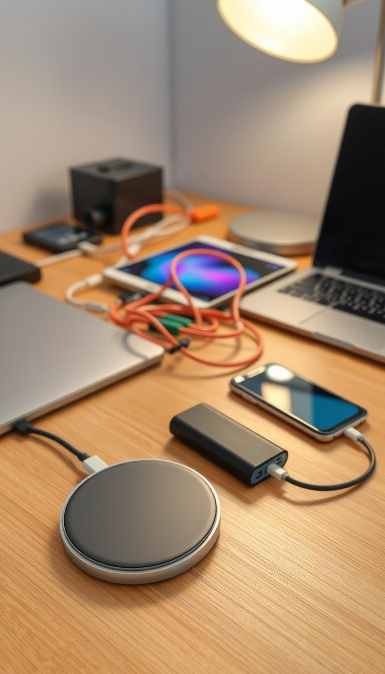A neatly organized desk showcases an array of tech charging accessories. In the foreground, a sleek wireless charging pad, a multi-port USB hub, and a compact power bank rest on a minimalist wooden surface. In the middle ground, a tangle of colorful cables coil around a laptop, a tablet, and a smartphone, hinting at the seamless connectivity between devices. In the background, a modern desk lamp casts a warm, focused glow, illuminating the organized chaos of the tech accessories. The overall scene conveys a sense of efficiency and practicality, catering to the on-the-go needs of a tech-savvy student.